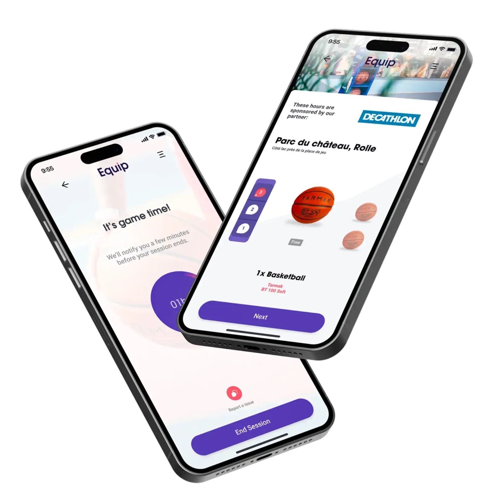 Two phones running the Equip Sport app: one showing a free Tarmak basketball available at the Parc du château station in Rolle, the other a live session timer.