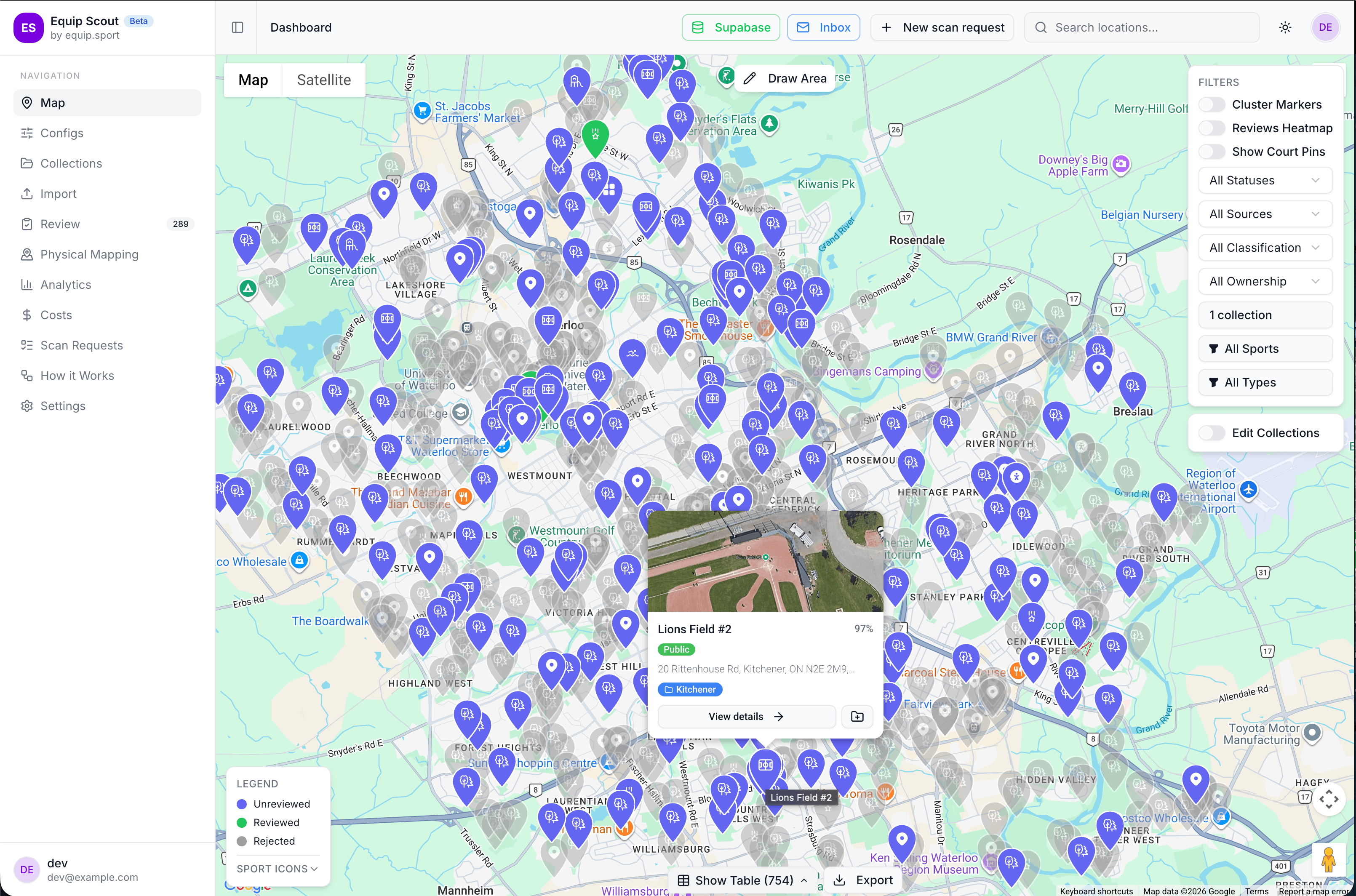 Equip Scout dashboard showing a map of sports locations
